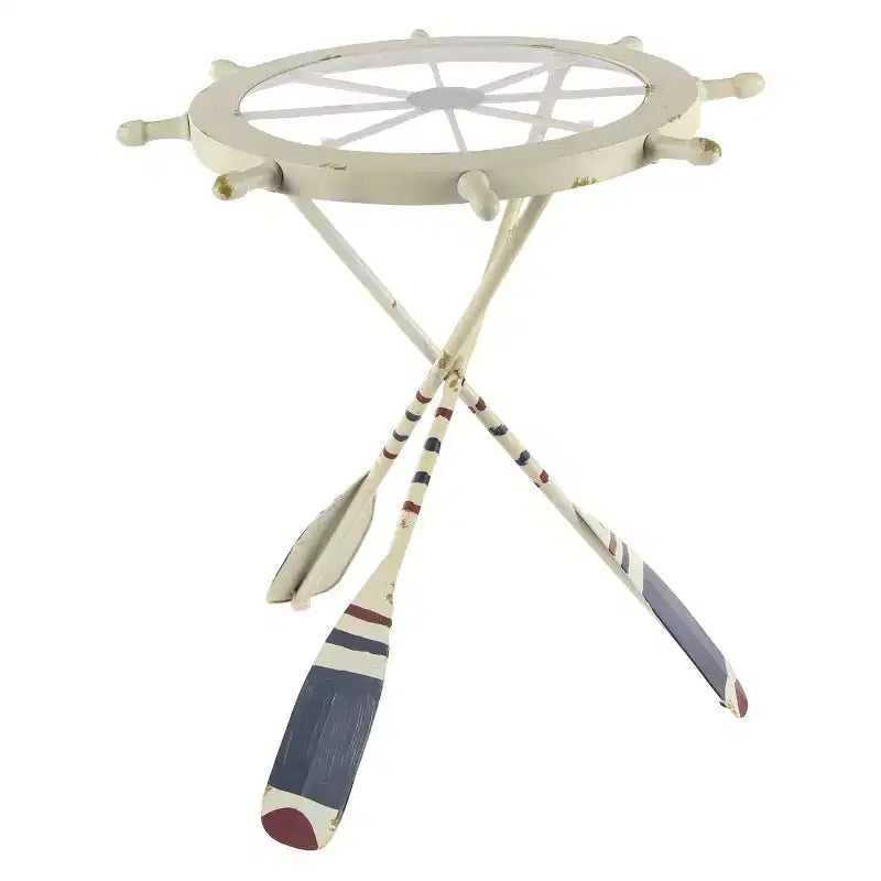 Table d'appoint ronde blanche – Style nautique côtier, plateau en verre, cadre en fer