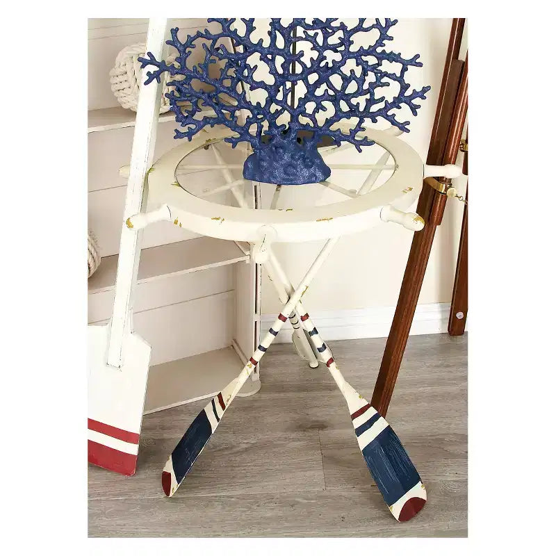 Table d'appoint ronde blanche – Style nautique côtier, plateau en verre, cadre en fer