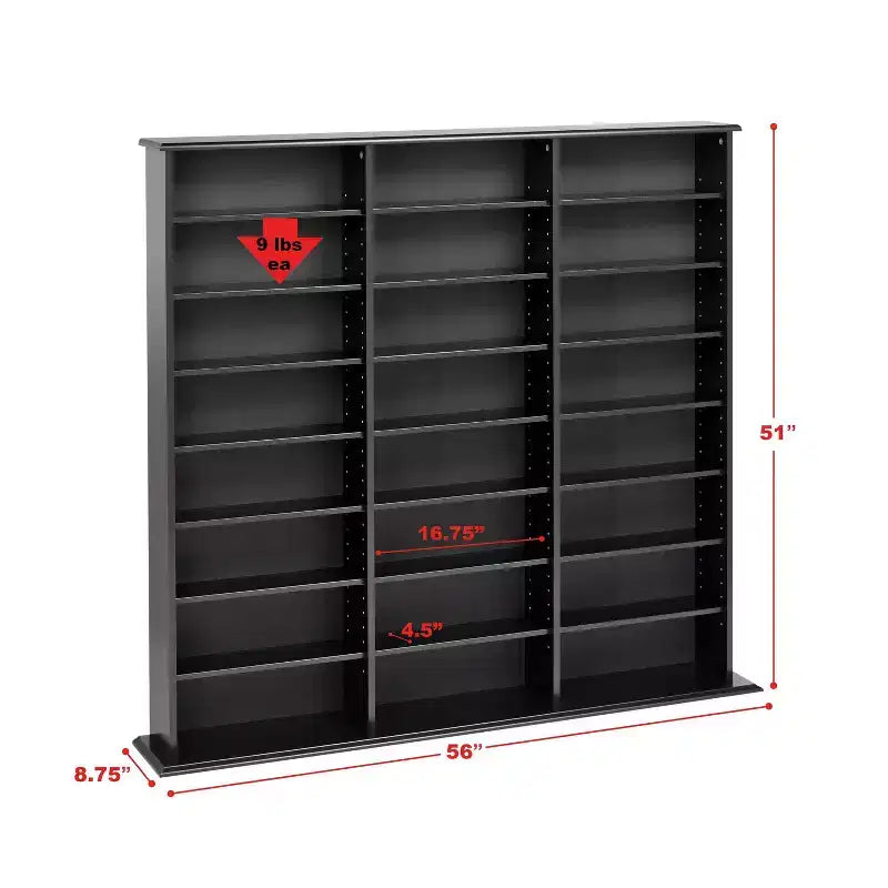 Étagère murale triple largeur – 24 tablettes ajustables, peut contenir 960 CD ou 405 DVD