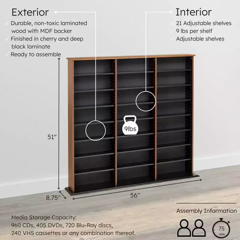 Étagère murale triple largeur – 24 tablettes ajustables, peut contenir 960 CD ou 405 DVD