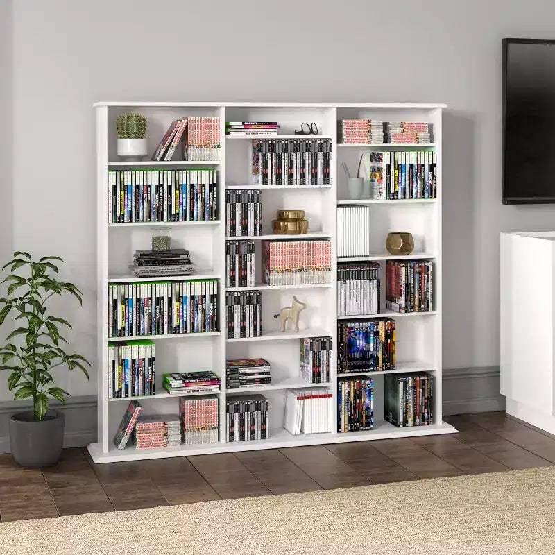 Étagère murale triple largeur – 24 tablettes ajustables, peut contenir 960 CD ou 405 DVD