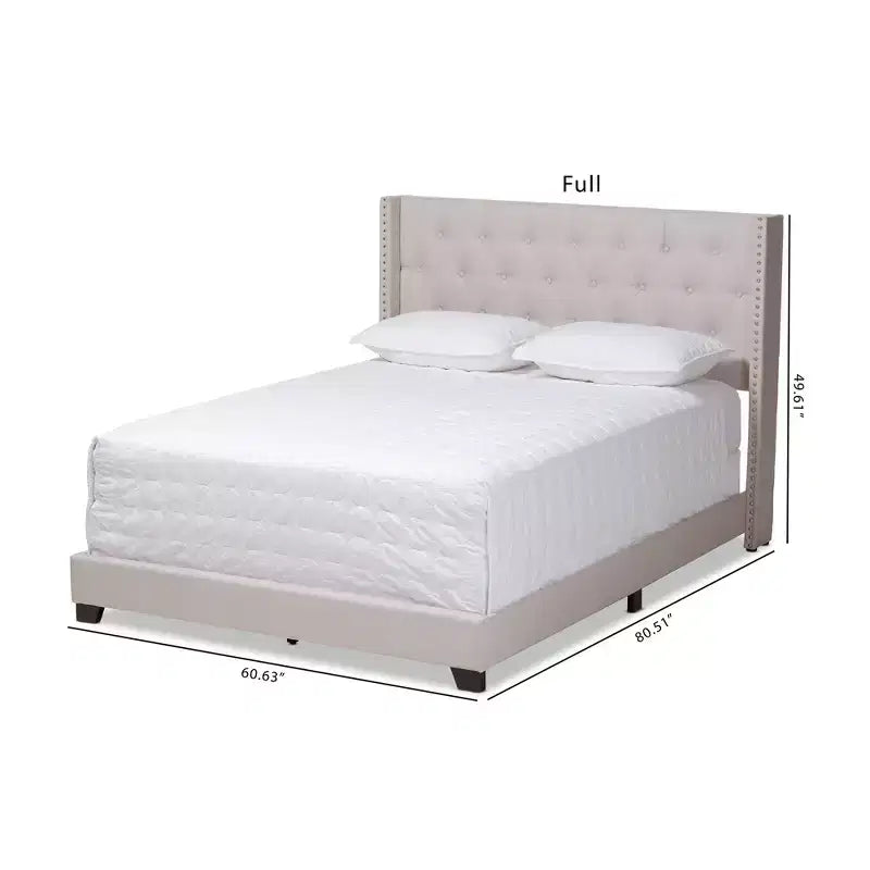 Lit plateforme king size gris tapissé avec tête de lit capitonnée à oreilles