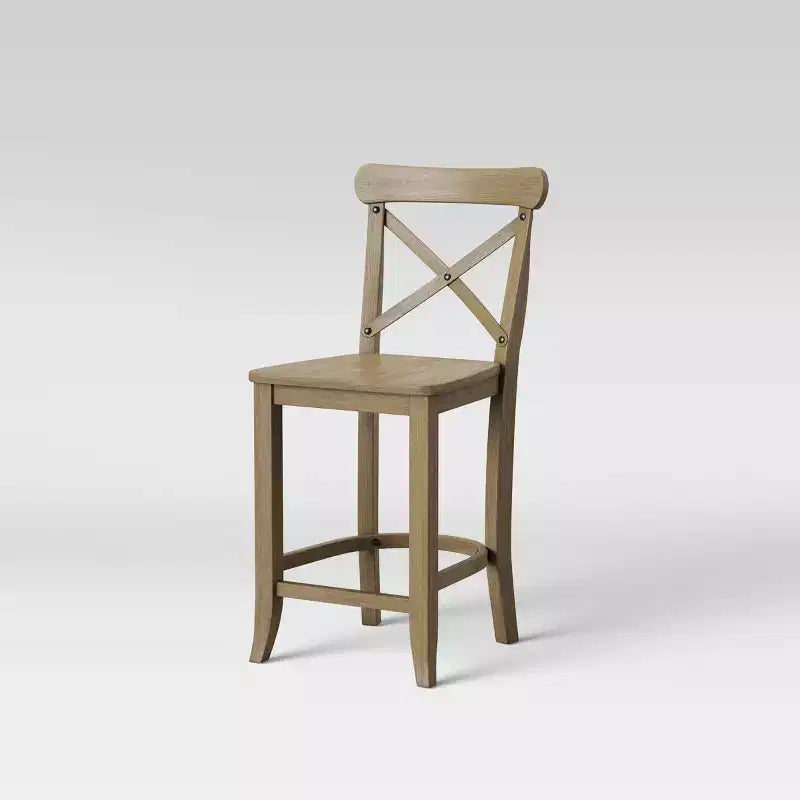Tabouret de comptoir en bois naturel à dossier en X avec repose-pieds, hauteur d'assise de 24 po