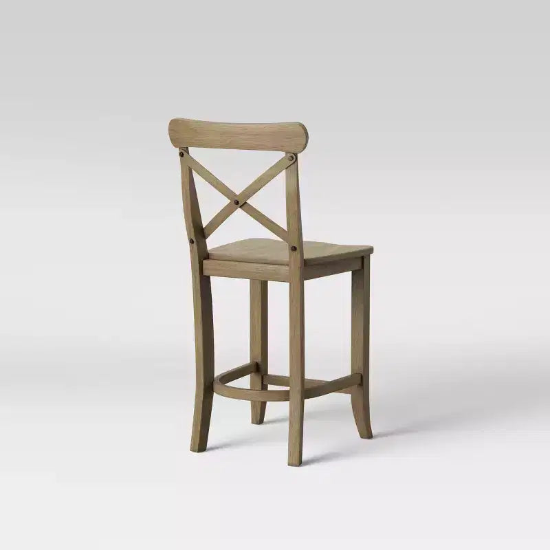 Tabouret de comptoir en bois naturel à dossier en X avec repose-pieds, hauteur d'assise de 24 po