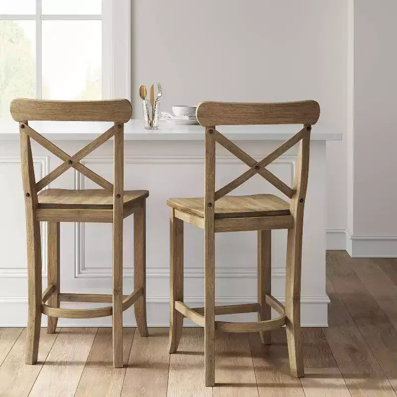 Tabouret de comptoir en bois naturel à dossier en X avec repose-pieds, hauteur d'assise de 24 po