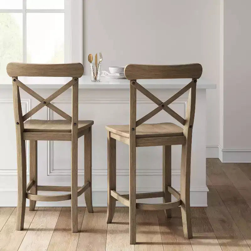 Tabouret de comptoir en bois naturel à dossier en X avec repose-pieds, hauteur d'assise de 24 po