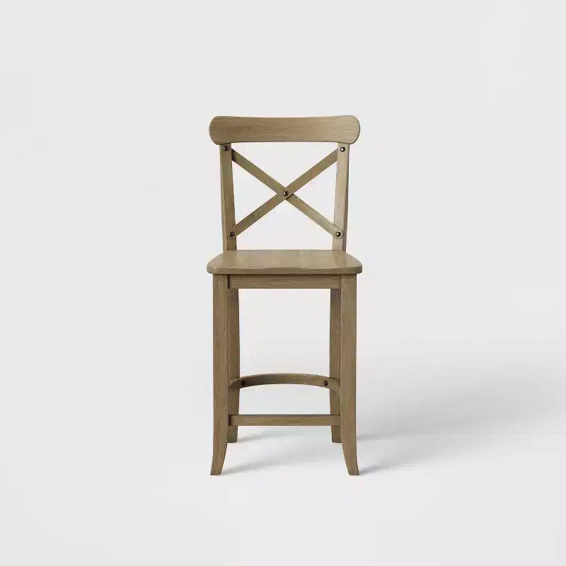 Tabouret de comptoir en bois naturel à dossier en X avec repose-pieds, hauteur d'assise de 24 po