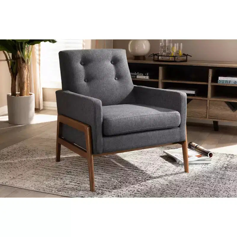 Fauteuil bas gris foncé / gris sans accoudoirs avec cadre en bois de noyer